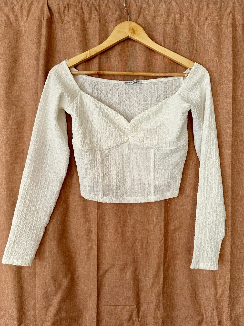 Bershka Cream Textured Crop Top + Pants Set